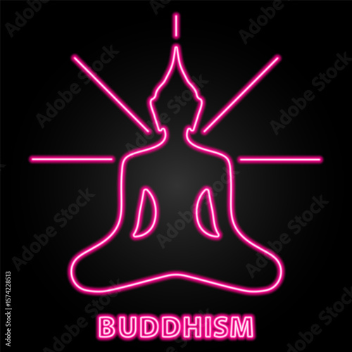 buddhism neon sign, modern glowing banner design, colorful modern design trend on black background. Vector illustration.