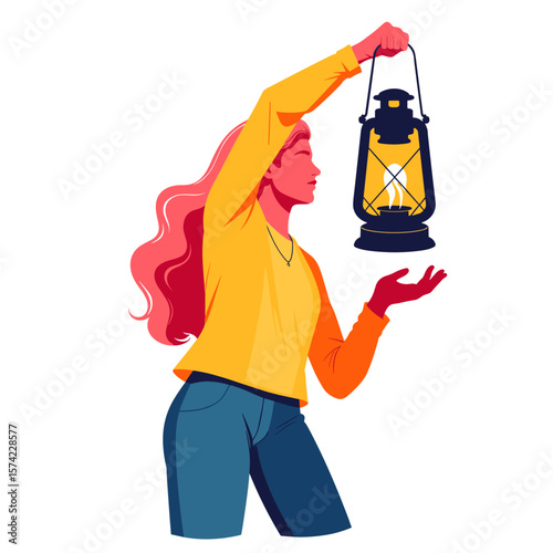 Young woman holding lantern in confident pose against white background  