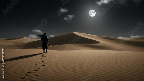 Solitary figure walking through desert under a full moon