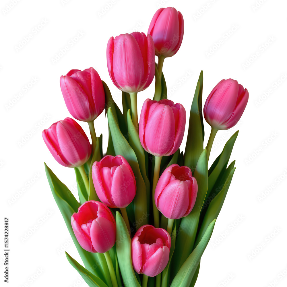 Vibrant Pink Tulips in Full Bloom with Lush Green Leaves Against a Clear Background