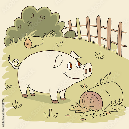 Cheerful pig in grassy farmyard with logs and fence