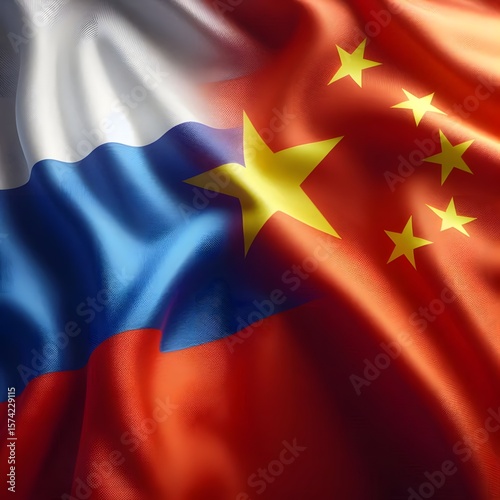 Russian and Chinese Flags Waving Side by Side Symbolizing Strategic Cooperation