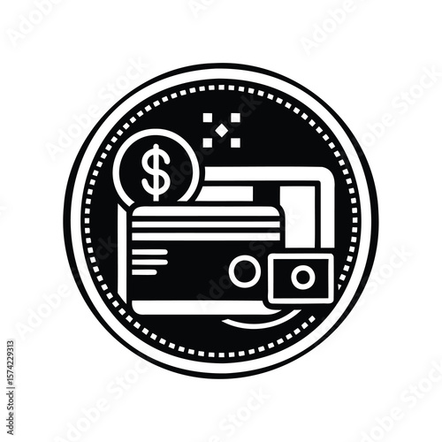 Financial transaction icon depicting a credit card, coin, and payment processing