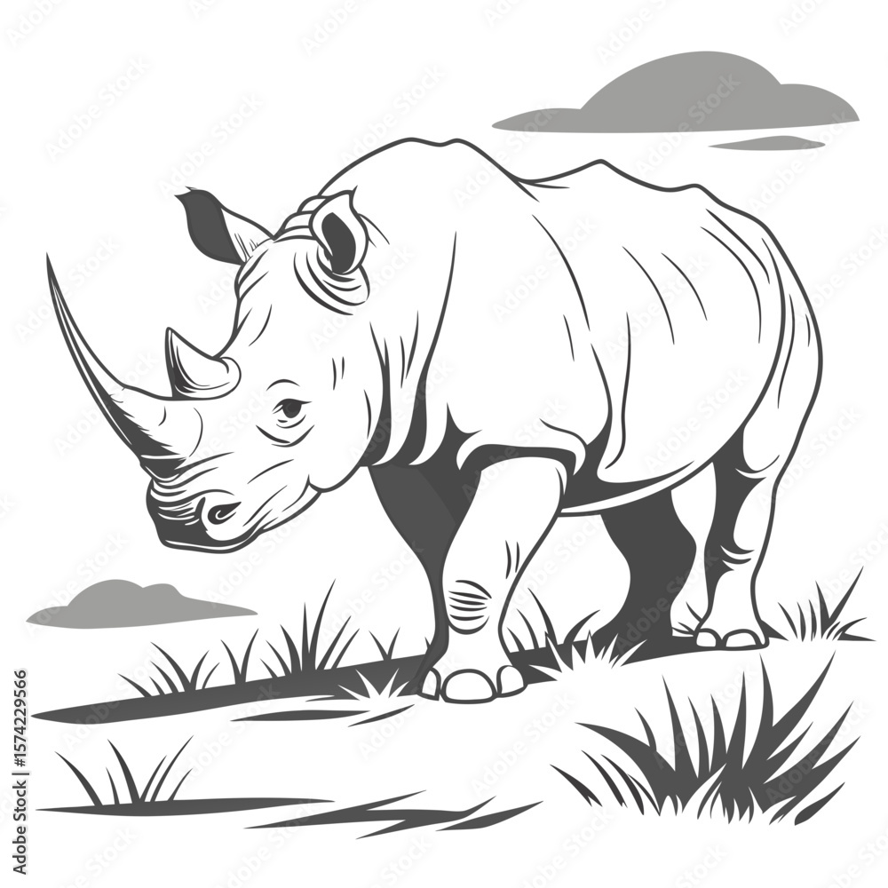 Obraz premium Majestic rhinoceros walking through grassy savanna