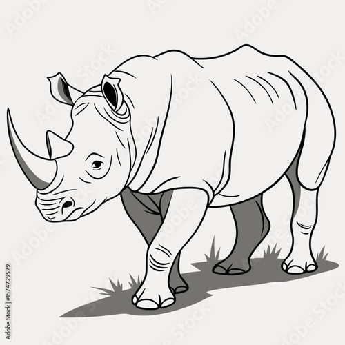Rhinoceros walking on grass with shadow animal wildlife