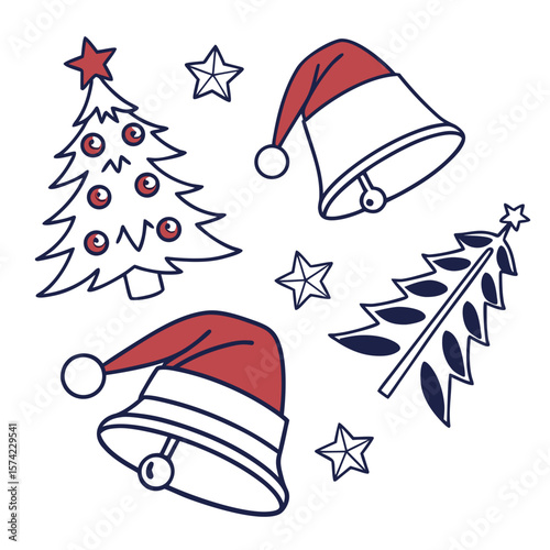 Festive christmas trees bells and stars with santa hats holiday celebration
