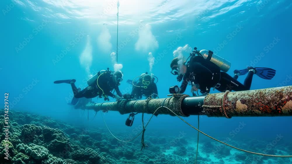 Three commercial divers working underwater are inspecting an old rusty pipeline running along a coral reef, ensuring its structural integrity and preventing potential environmental hazards