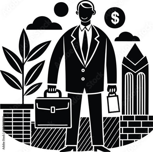 Successful Businessman with a Briefcase Standing Tall in the Cityscape