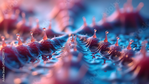 Enigmatic microscopic formations, a captivating dance of vibrant colors and intricate textures in a surreal aquatic landscape