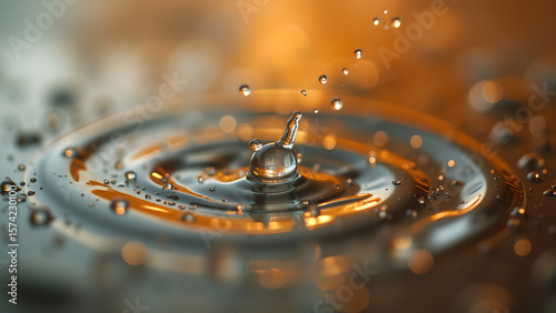 Macro shot of a water droplet creating ripples and splash in a liquid surface with golden background