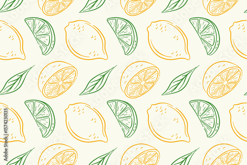 Colorful lemon pattern with citrus fruit and juicy slice in line art style. Seamless background for packaging, wallpaper, kitchen print or fresh summer design.