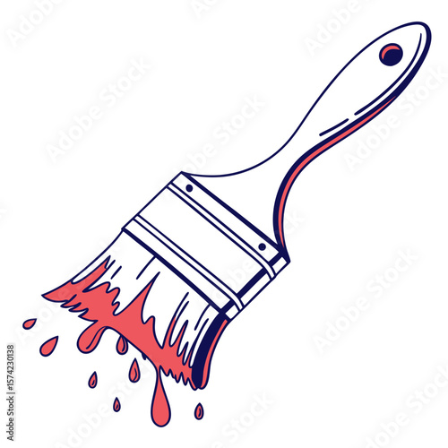 Dripping paintbrush with red paint and navy blue outline vector