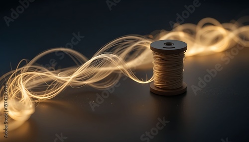 A spool of beige thread with glowing, golden light trails emanating from it on a dark background.