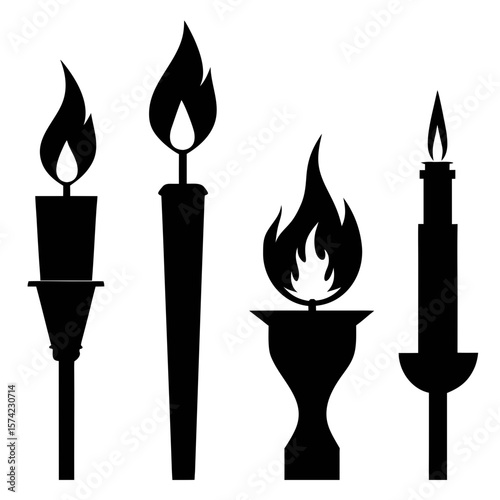 Torch and candle silhouettes with flames fire