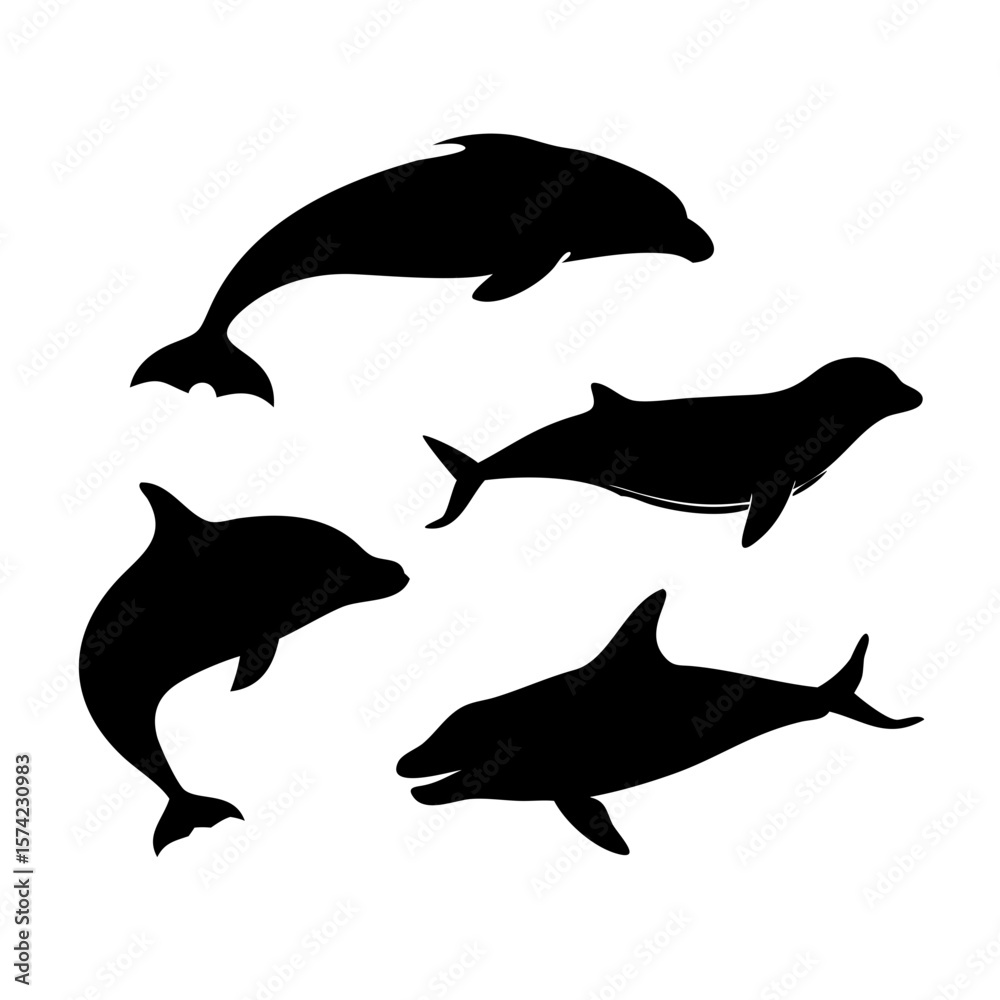 Fototapeta premium Diverse whale and dolphin ocean life silhouettes marine life