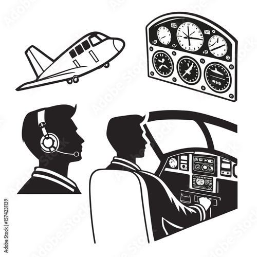 Airplane pilot and cockpit instruments aviation aircraft