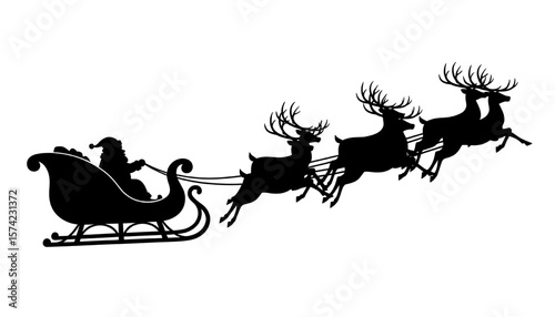 santa claus in sleigh silhouette, pulled by reindeer  isolated on transparent background