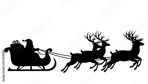 santa claus in sleigh pulled by reindeer silhouette on transparent background