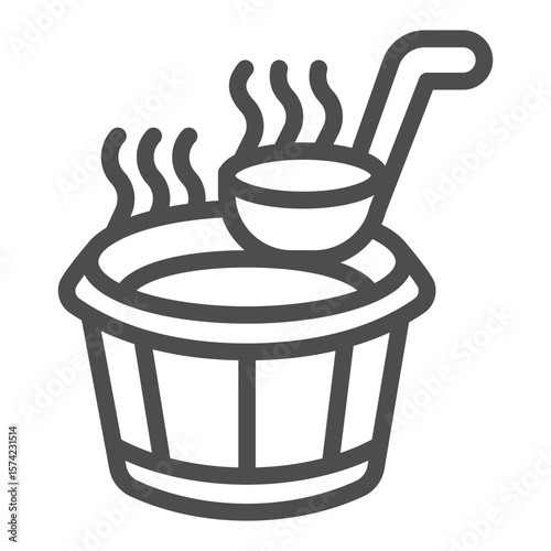 Wooden bucket with water and ladle line icon, spa massage concept. Vector graphics. Bucket of hot water, bath time sign on white background, outline style icon for mobile or web design.