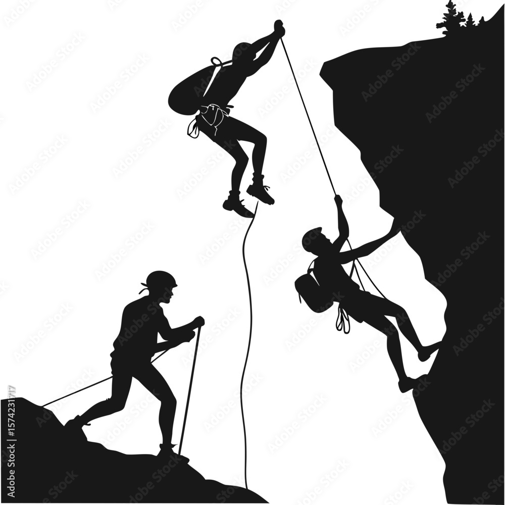 Fototapeta premium Black silhouettes of climbers ascending a rocky cliff