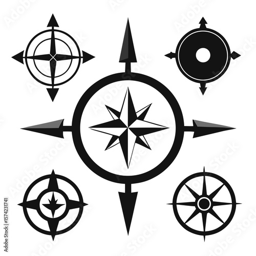 Compass Rose Directional Icons Black Silhouettes north