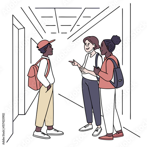 Diverse friends chatting in a hallway people talking