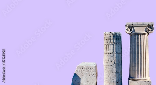 An isolated ancient stone pillar stands alone on a pastel purple background, representing strength, history, and timeless solitude.