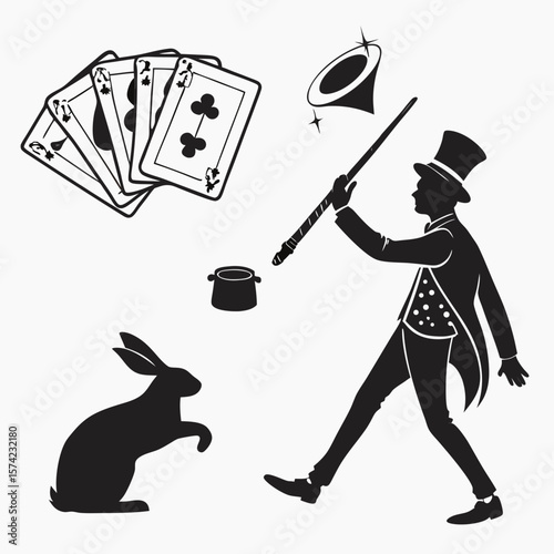 Magician performing with rabbit cards and top hat wand