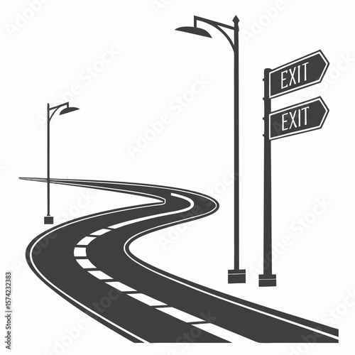 Dark gray road signs and streetlights on winding road