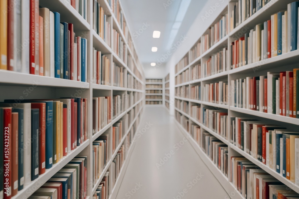 Fototapeta premium Library corridor with white bookshelves full of colorful books creating a vanishing point