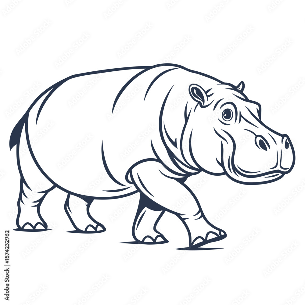 Obraz premium Stylized hippopotamus walking forward with dark blue outline animal wildlife