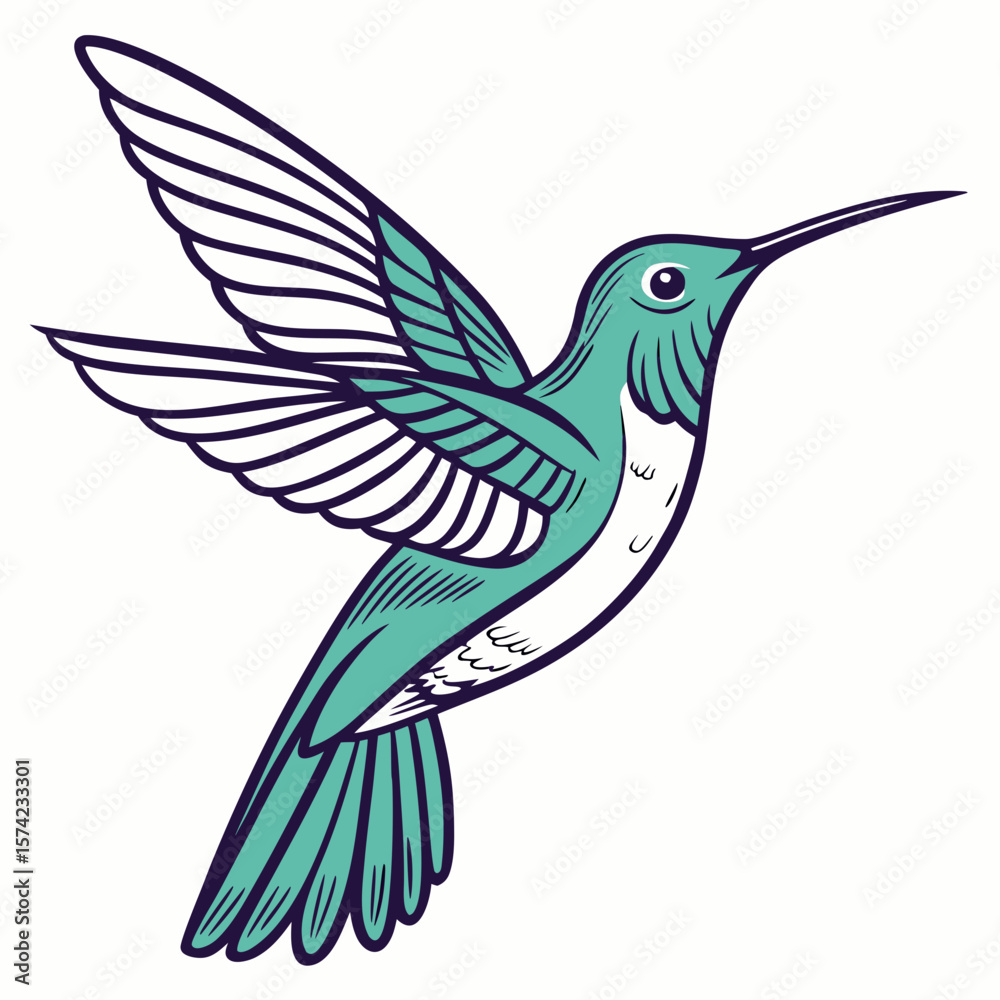 Obraz premium Teal hummingbird with dark blue outline in flight white