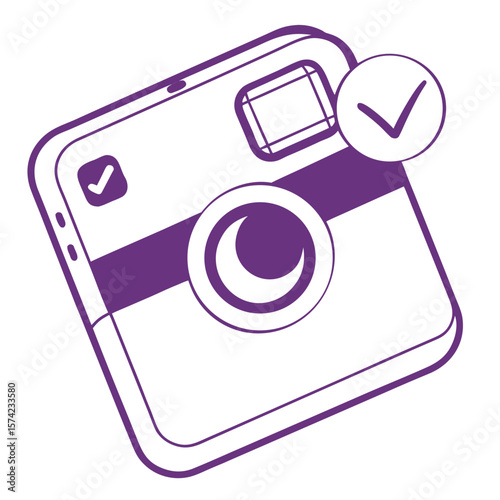 Purple camera with checkmark on white background social media technology