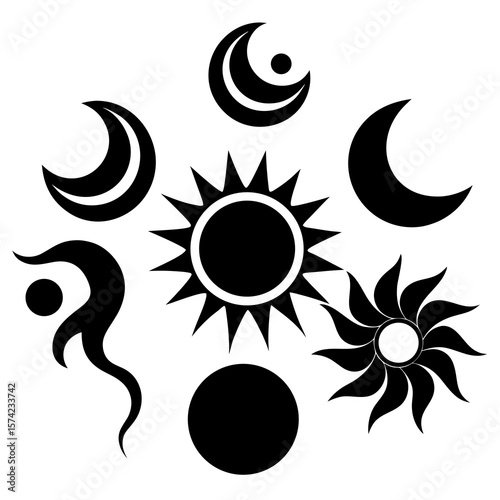 Stylized celestial body icons black and white moon