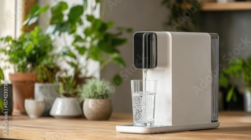 A sleek water purification system in a modern home, filtering tap water for drinking, promoting reduced plastic bottle waste.