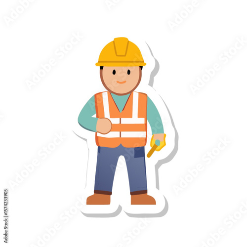 Funny cartoon builder character in a safety helmet, a simple vector illustration of a construction worker or repairman
