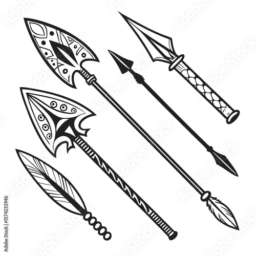 Tribal arrowheads and feather primitive ancient