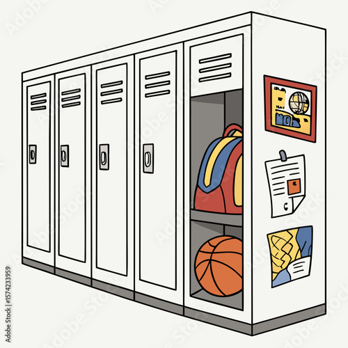 School lockers with backpack and basketball hallway sports equipment