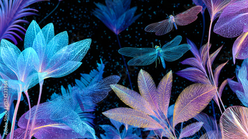 Bioluminescent tropical plants and dragonflies are glowing in the dark, creating a magical and surreal atmosphere