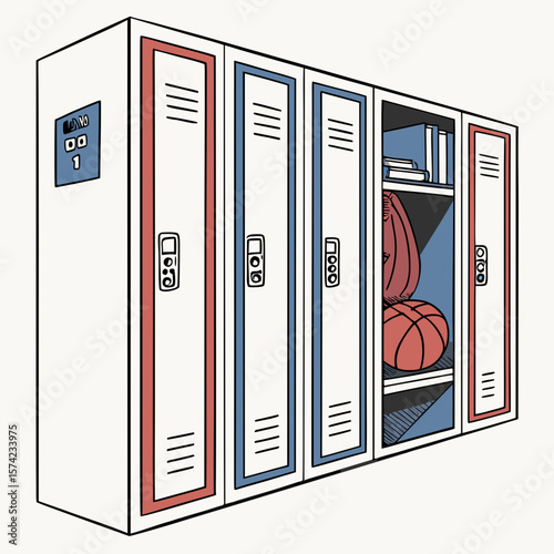 Red blue white lockers with basketball and books school lockers hallway