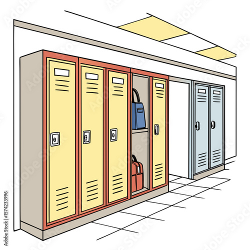 Yellow and blue lockers in school hallway with bags yellow lockers