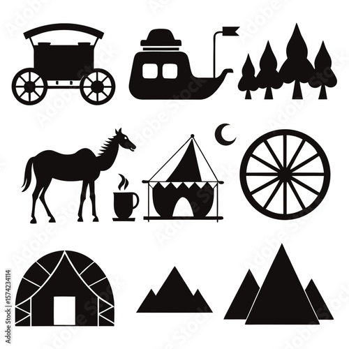 Caravan horse tent trees moon wheel vector