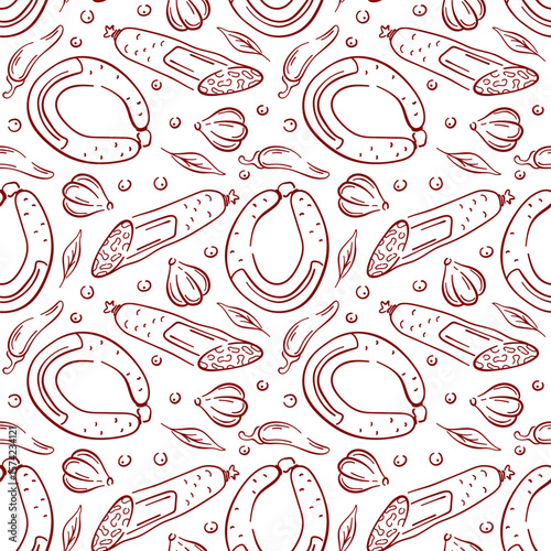 Seamless pattern with line art sausage, garlic, chili pepper, herbs and spice element. Perfect for food packaging, kitchen textile, meat product, branding and culinary design.