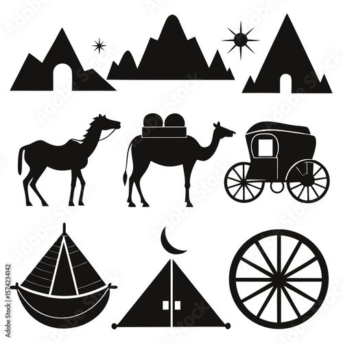 Desert caravan journey with camels and tents travel