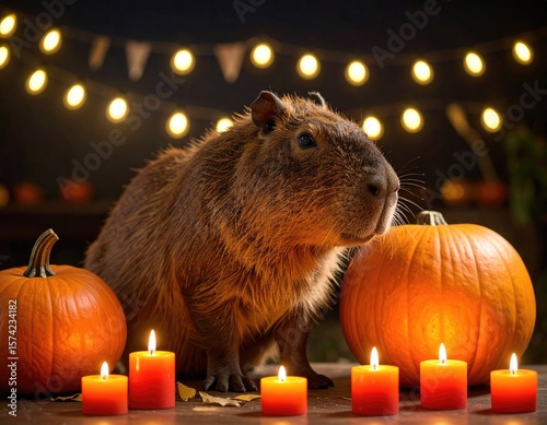 Capybara by pumpkins and candles
