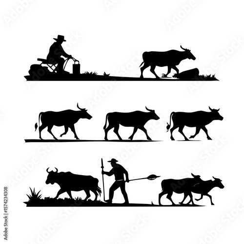 Farmer guiding plow pulled by oxen plowing field