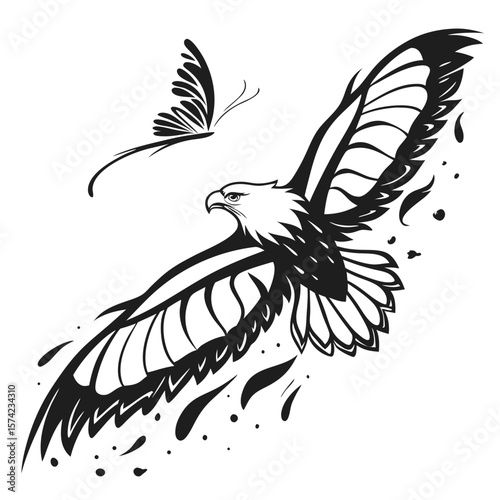 Bold ink eagle and butterfly flight soaring wings