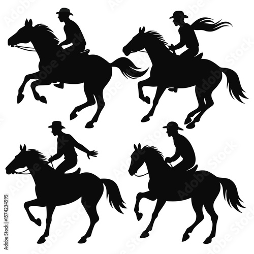 Horse rider silhouettes galloping dynamic poses vector