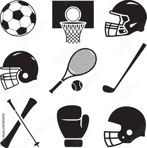 Sports equipment collection featuring helmets balls and racquets soccer football