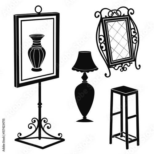 Ornate mirror lamp vase and stool silhouettes interior decor